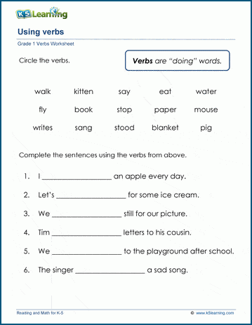 Grade 1 grammar worksheet on using verbs