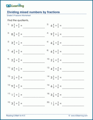Grade 5 Fractions Worksheet divide mixed numbers by fractions