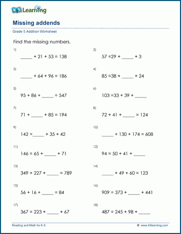 Grade 5 Addition Worksheet adding with missing numbers