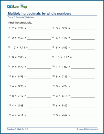 Grade 5 Decimals Worksheet multiplying 2 decimal digits by whole numbers - harder