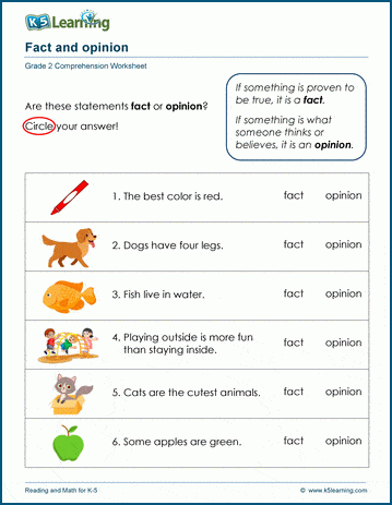 Fact vs opinion - Grade 2 Reading Comprehension Worksheets