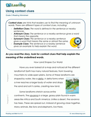 Context clues for vocabulary worksheet
