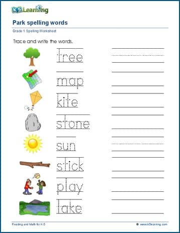 Grade 1 spelling worksheet trace and write the words